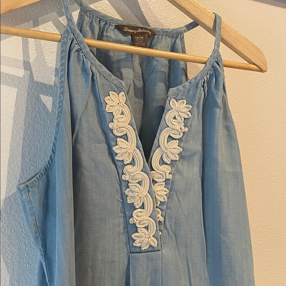 Tommy Bahama Chambray Embroidered Halter Dress with Detailing, Tencel, Size M - Picture 4 of 12